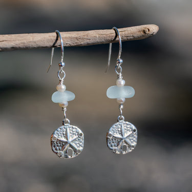 Sterling Silver Dainty Aqua Blue Sea Glass + Mini Baroque Pearl Sand Dollar Earrings